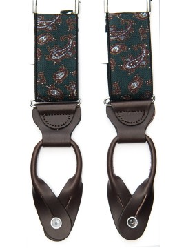 Green/Burgundy Printed Paisley Non-Stretch, Suspenders Button Tabs, Nickel Fittings